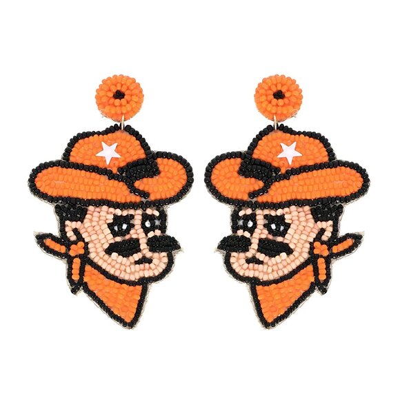 Oklahoma State Pistol Pete Orange Seed Beaded Football Fan Earrings Sports NEW - Picture 1 of 3